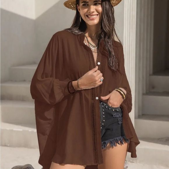 Mocha Lace Affair Button Shirt - Picture 6 of 8